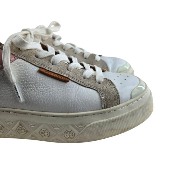 Tory Burch Ladybug Platform Sneakers Womens 9 White Leather Pink Low Top Logo - Picture 3 of 14